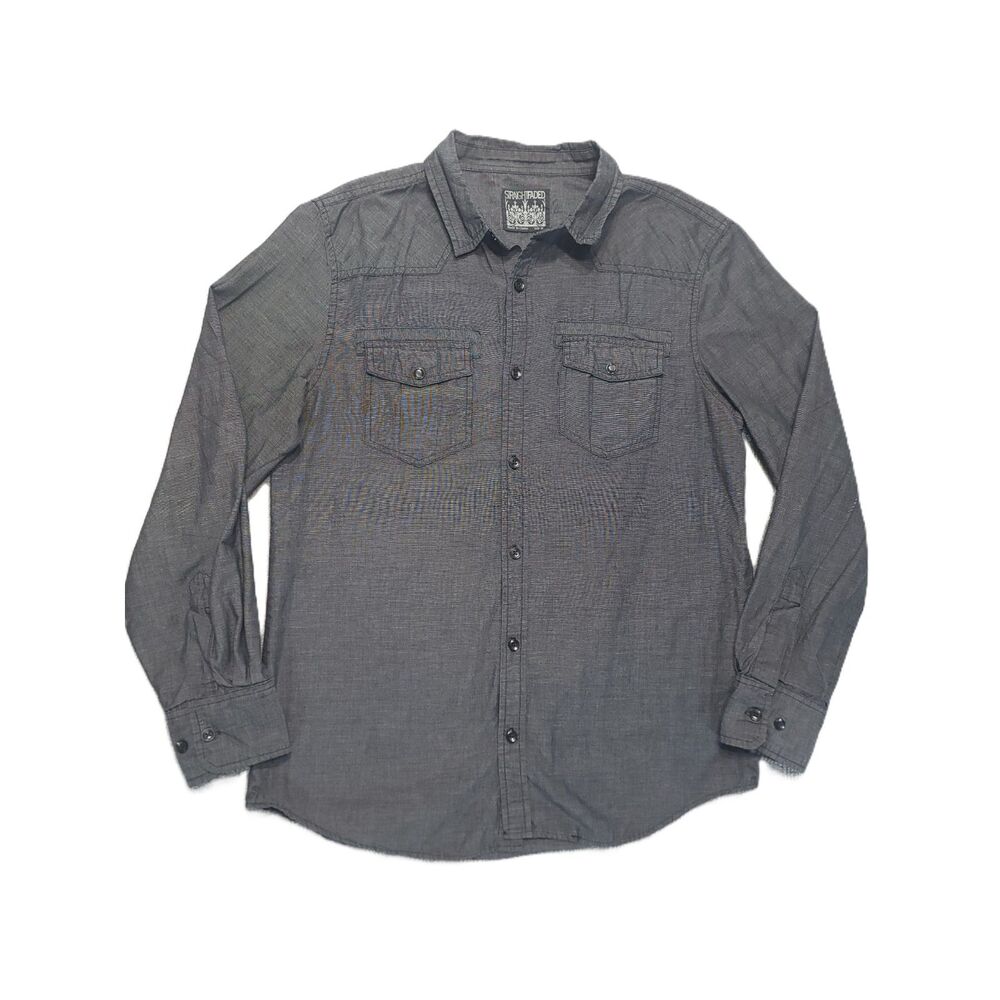 Straight Faded Mens M Shirt Button Up Roll Up Long Sleeve Snap Pockets Dark Gray